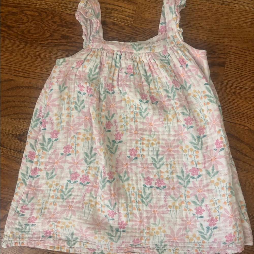 Angel Dear Pink Floral Muslin Tank Dress with Green Leaves